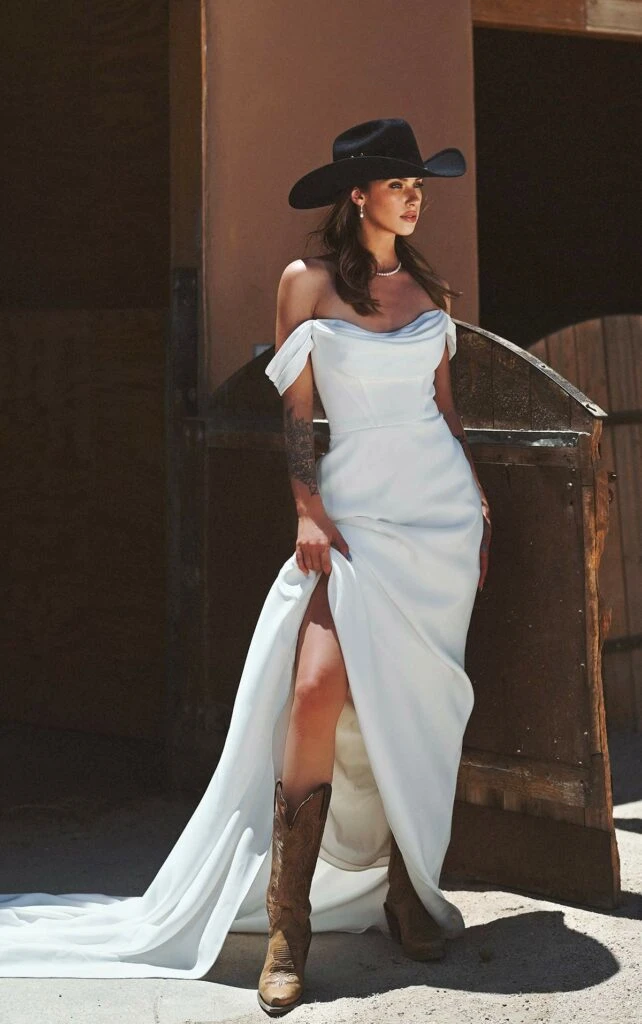 simple sheath wedding dress with off the shoulder straps - 1566 by Martina Liana