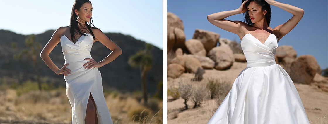 2 brides wear simple strapless wedding dress with V-neckline.