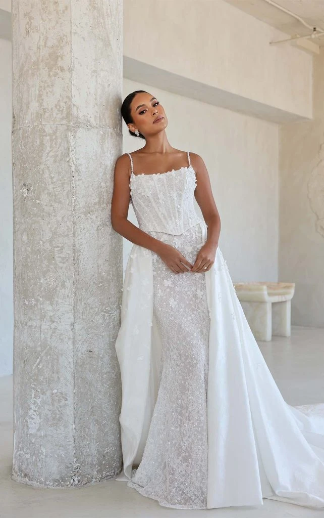 sexy sparkling 2 piece wedding dress with detachable overskirt - LE1389 by Martina Liana