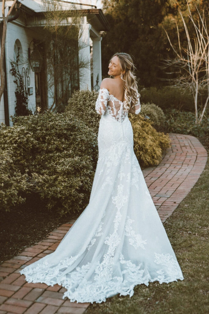 backless lace mermaid wedding dress with long off the shoulder sleeves - 1359 by Martina Liana