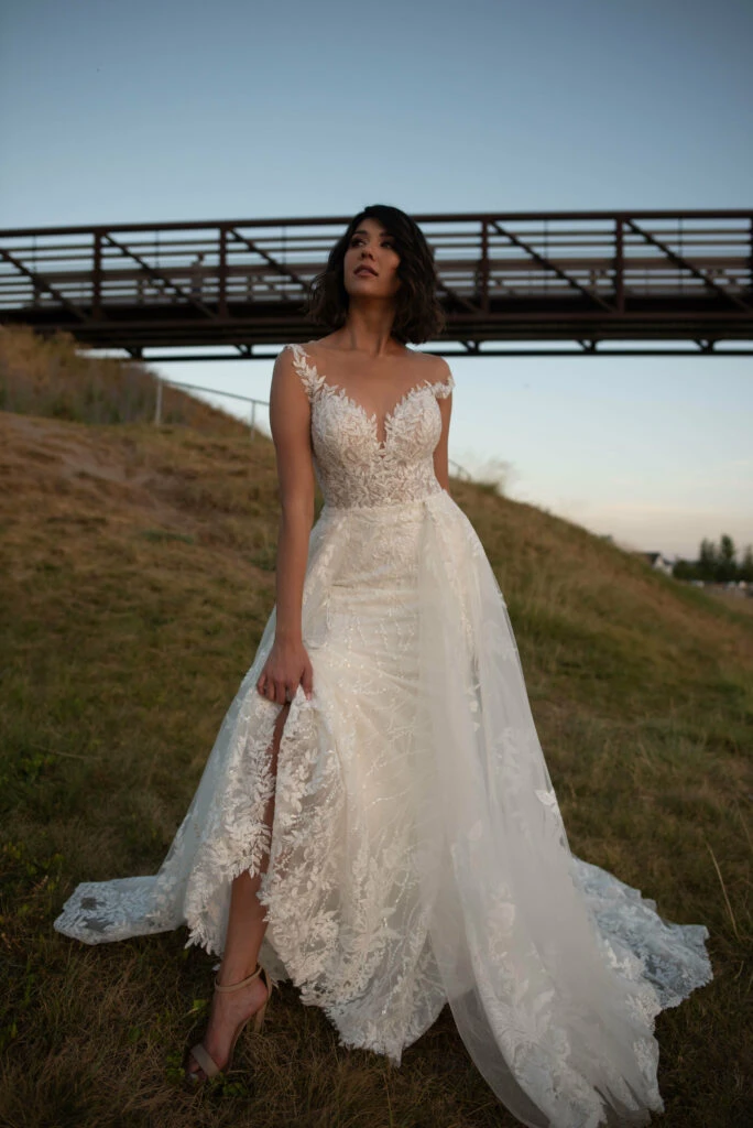 lace illusion neckline wedding dress with overskirt - 1303 by Martina Liana