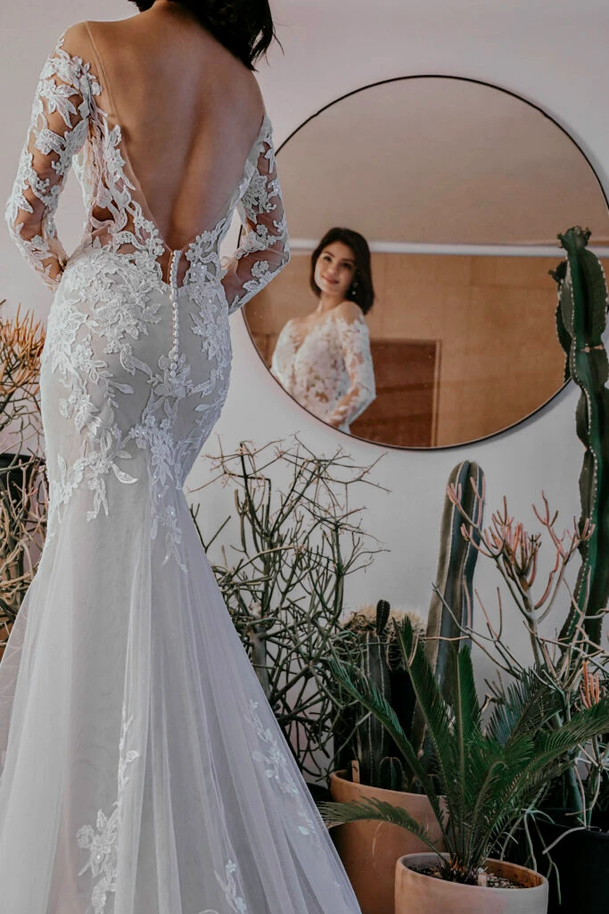 lace mermaid wedding dress with low back and plunging neckline - D3284 by Essense of Australia