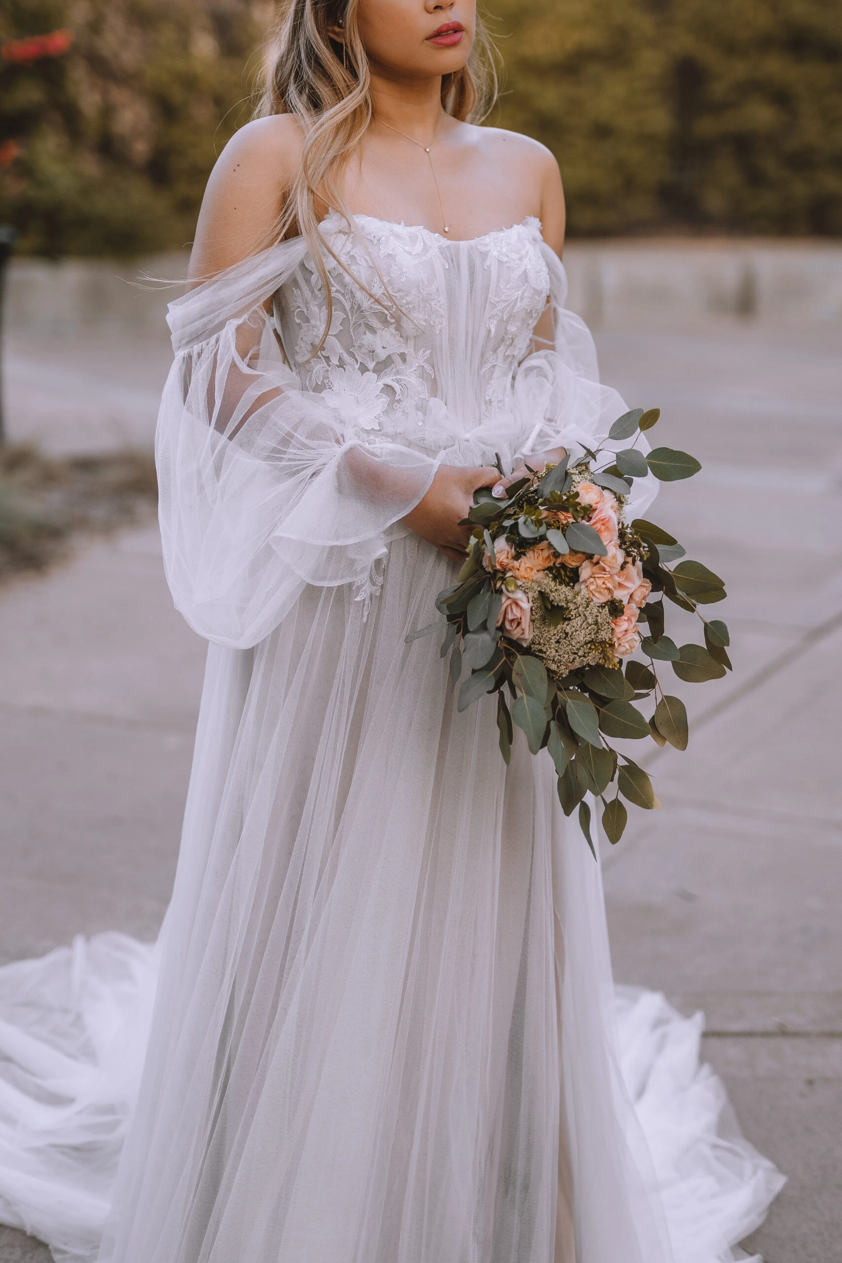 boho a-line wedding dress with off the shoulder sleeves and flowing tulle skirt - maeve by All Who Wander