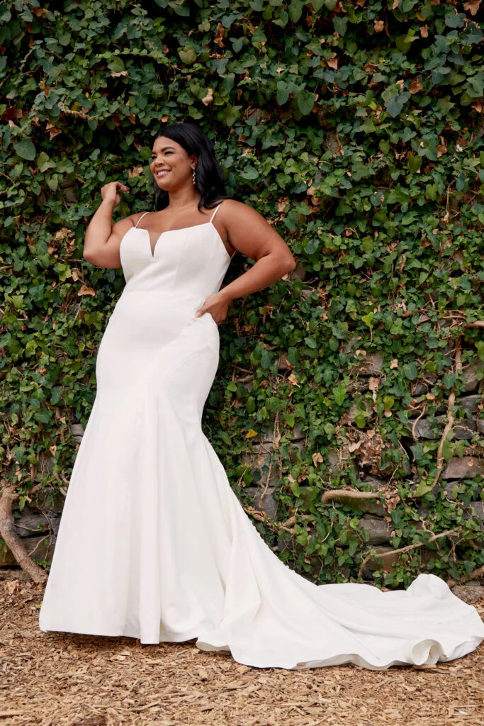 plus size simple fit-and-flare wedding dress with notched neckline - D3615+ by Essense of Australia