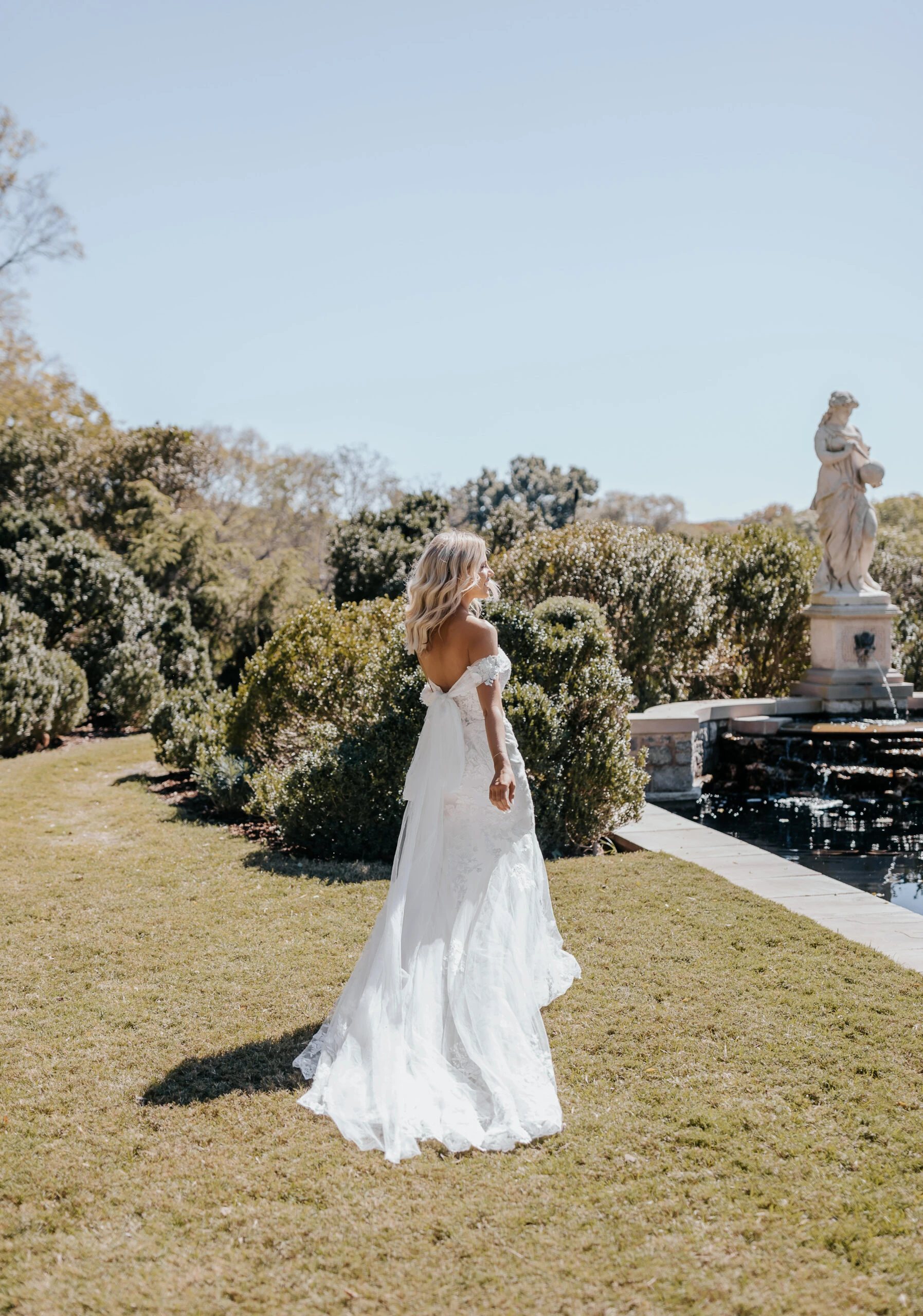 lace fit-and-flare wedding dress with streamers and plunging neckline - D3639 by Essense of Australia