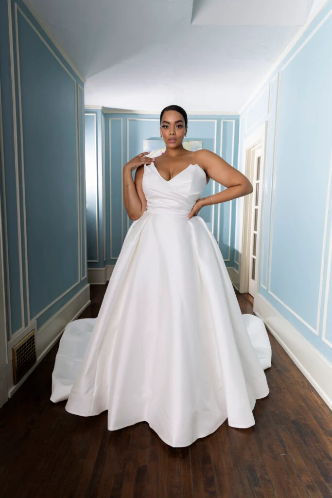 simple a-line wedding dress with sweetheart neckline and long train overskirt - 1557+ by Martina Liana