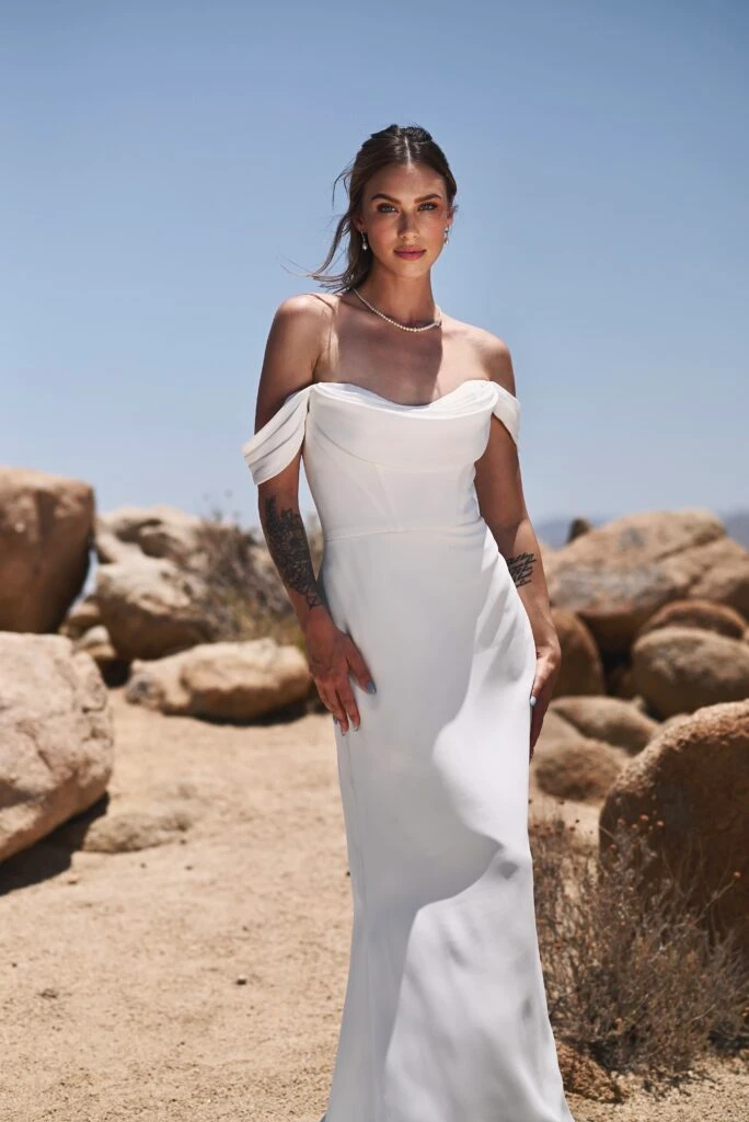 simple sleek column wedding dress with off the shoulder straps - 1566 by Martina Liana