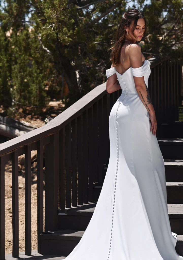 simple column wedding dress with off the shoulder straps and button back - 1566 by Martina Liana