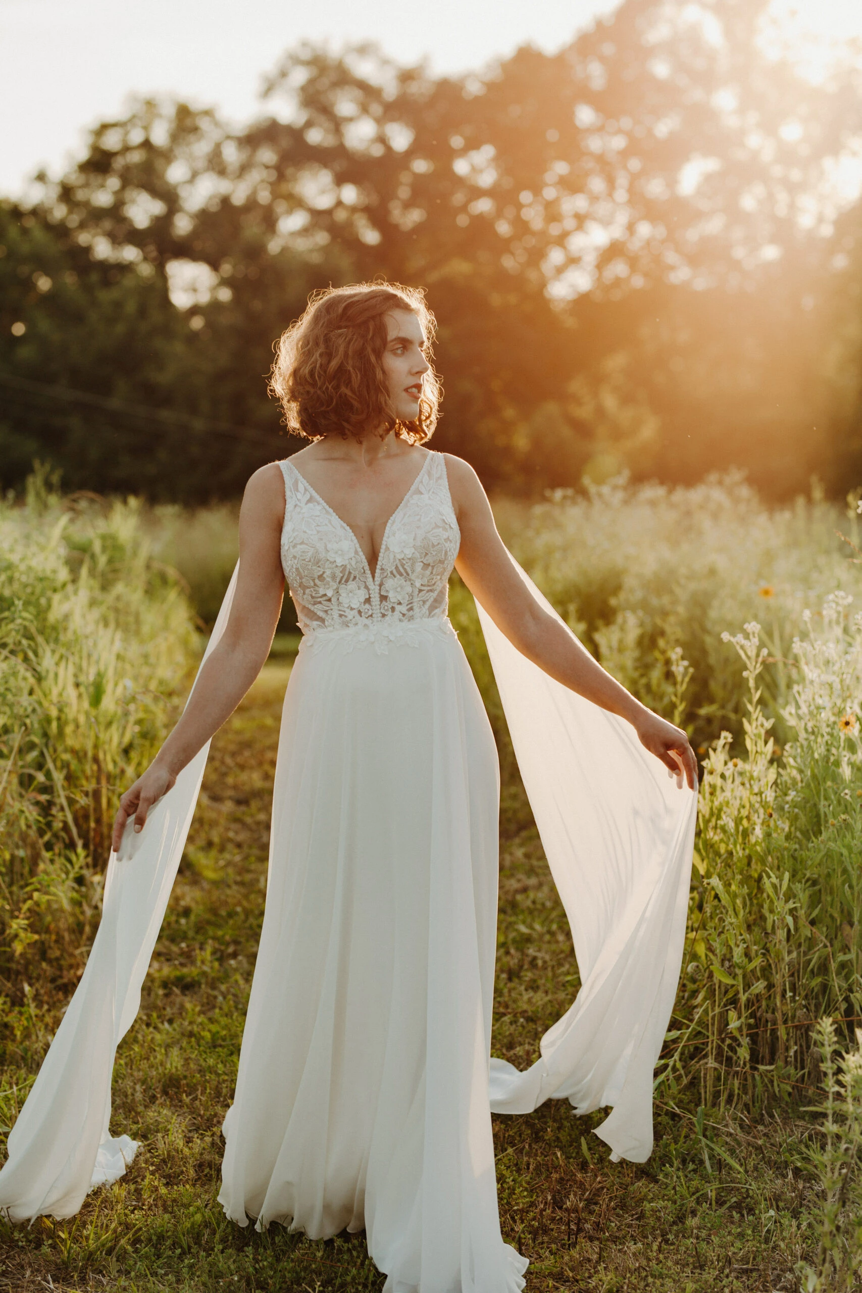 Flowy Country Off The Shoulder Lace Boho Wedding Dress with 3D Floral  Applique - June Bridals