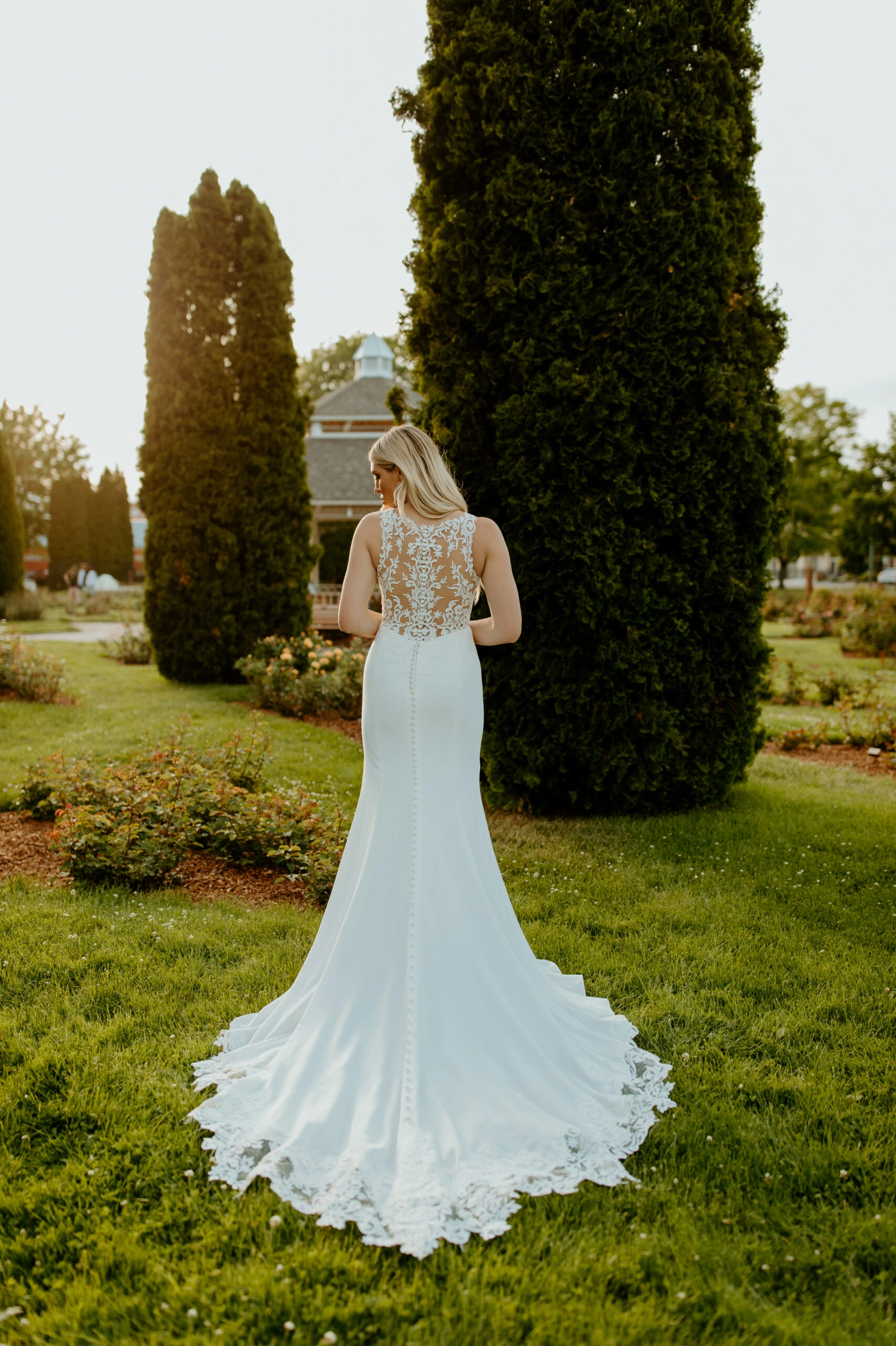 simple sheath wedding dress with high neck and lace back - 7664 by Stella York
