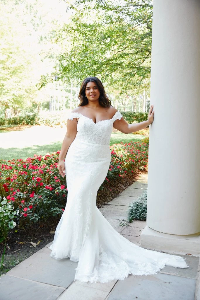 sexy lace mermaid plus size wedding dress with off the shoulder straps - D3960 by Essense of Australia