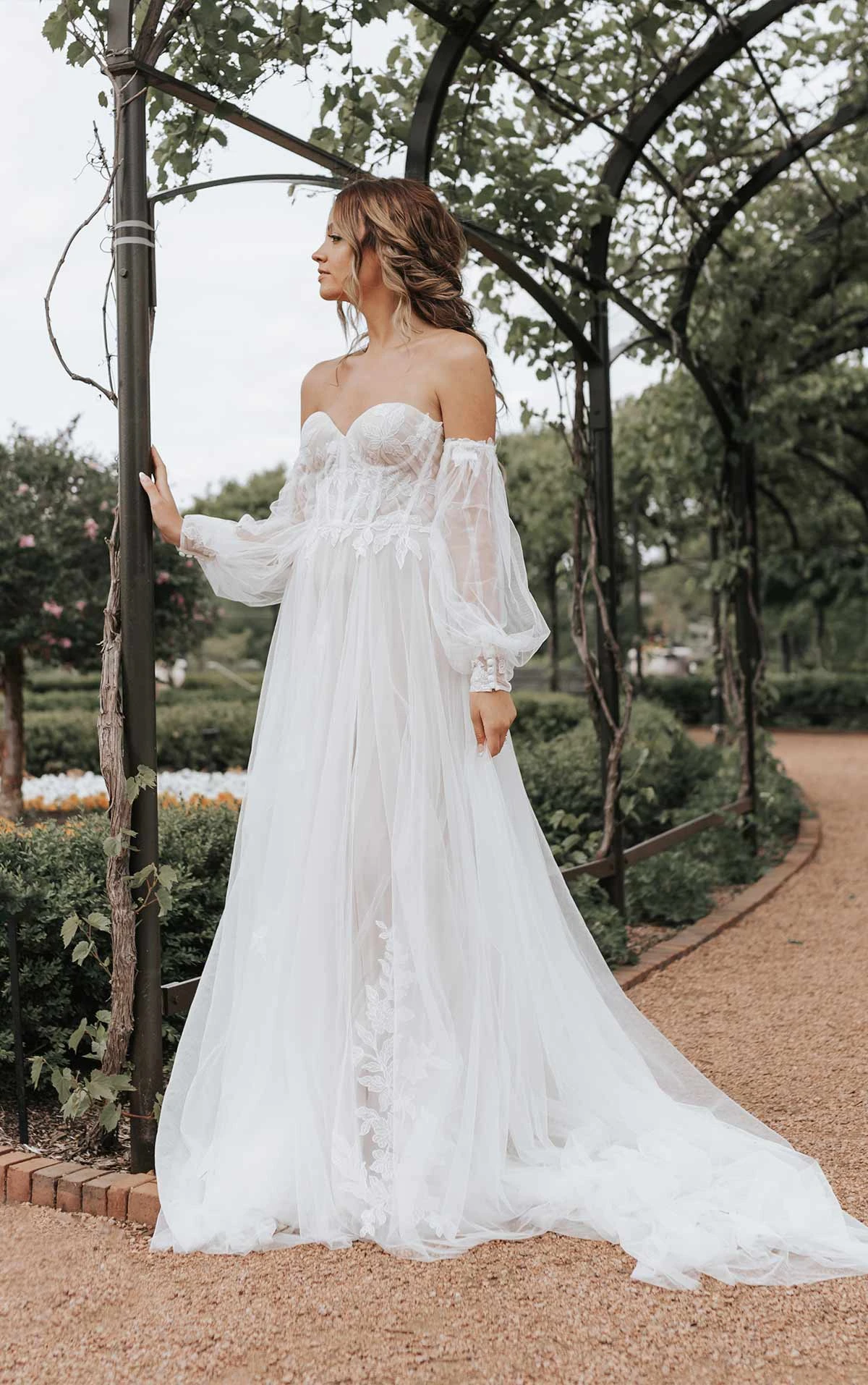 boho lace a-line wedding dress with detachable long sleeves - D3655 by Essense of Australia