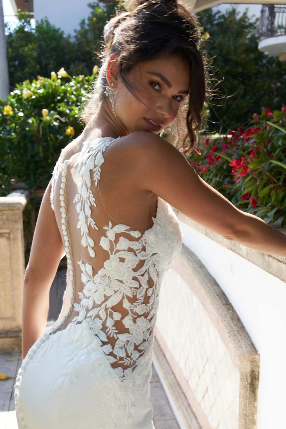 lace sheath wedding dress with cutouts and sheer back - D3544 by Essense of Australia