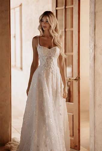 Bride wearing lace A-line wedding gown with shimmering beaded floral detail, scoop neckline, and spaghetti straps