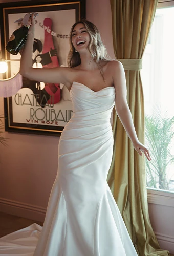 Plus size bride wearing matte lace and mikado fit-and-flare wedding dress with detachable overskirt and scoop neckline
