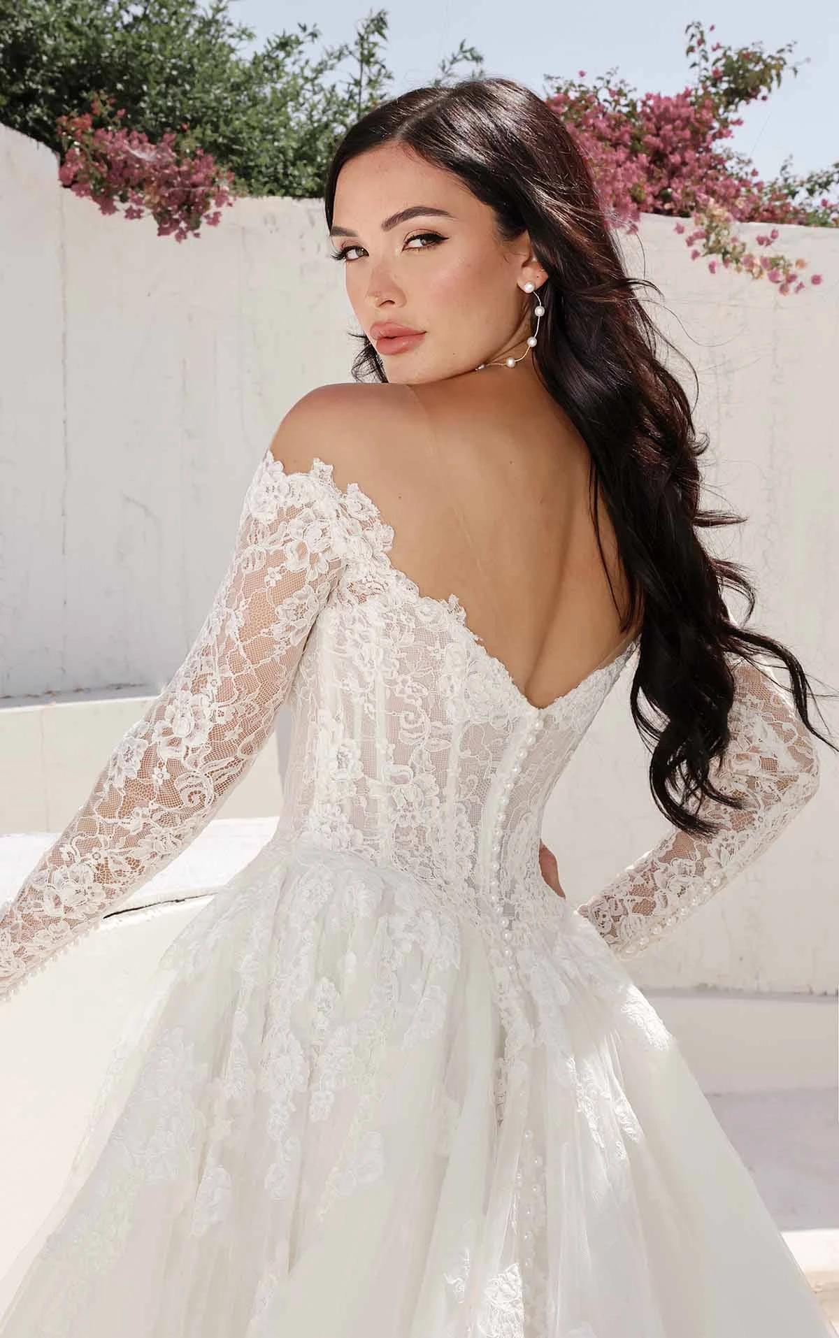 sexy lace a-line wedding dress with v-back and off the shoulder sleeves - 1822 by Martina Liana