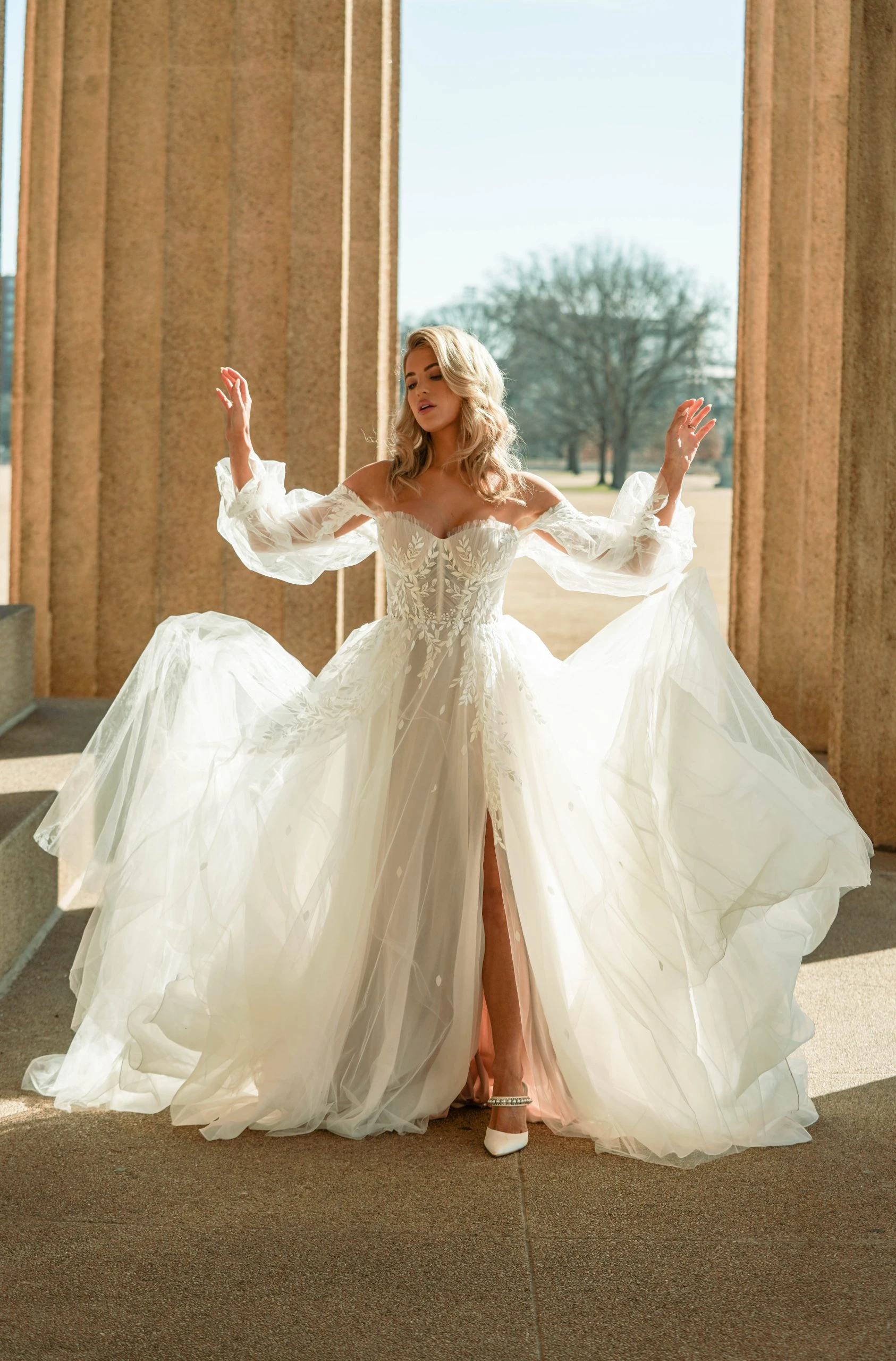 boho tulle a-line wedding dress with detachable sleeves - D3787 by Essense of Australia