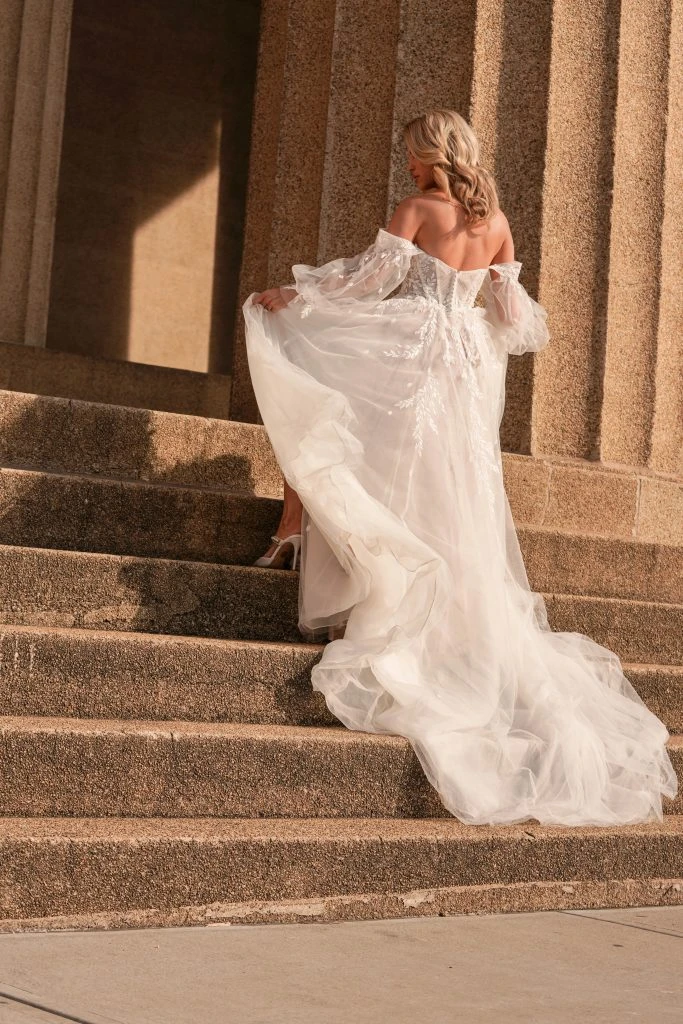 boho wedding dress with train and off the shoulder sleeves - D3787 by Essense of Australia