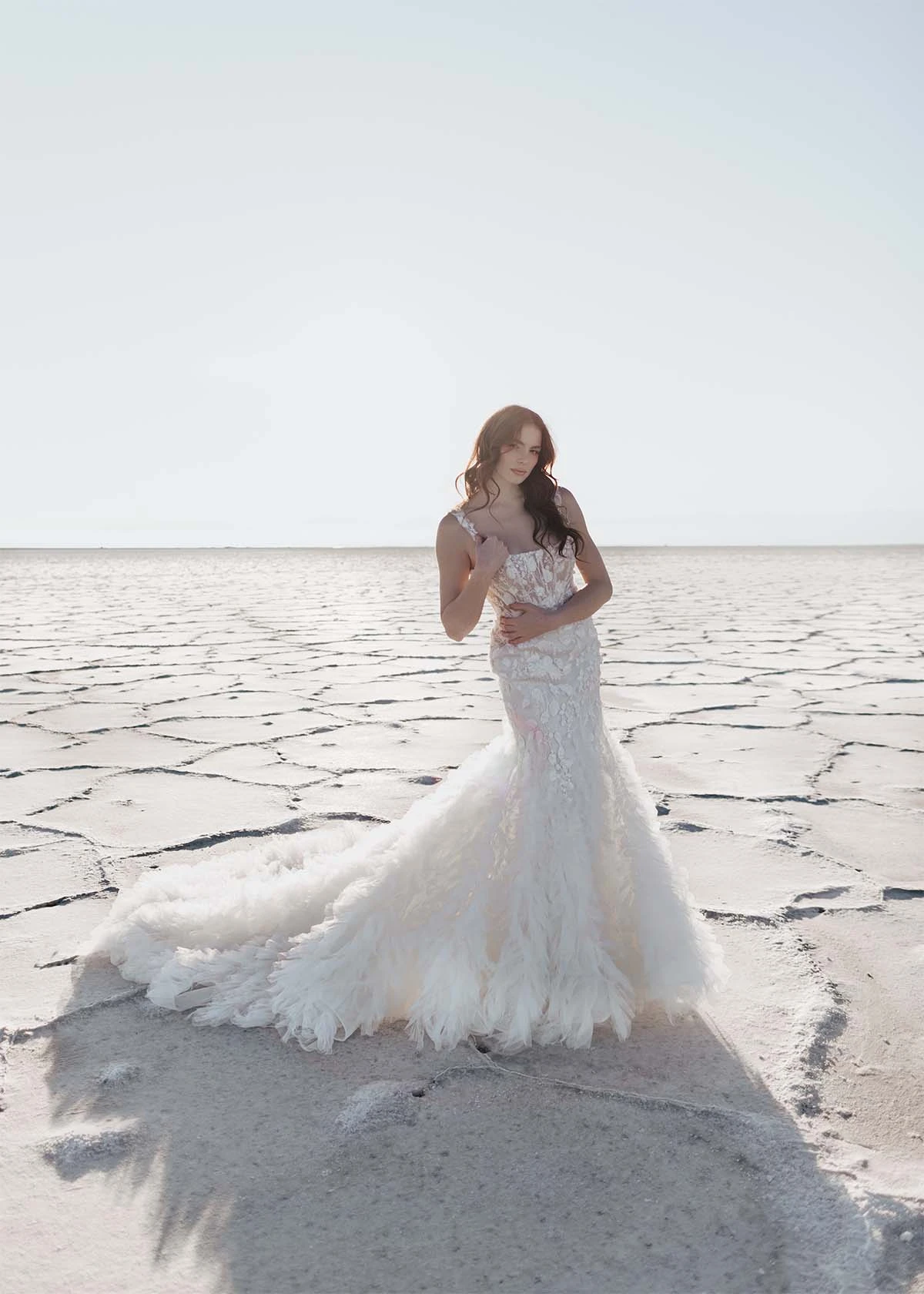 lace mermaid wedding dress with square neckline and feathered skirt - le1203 by Martina Liana Luxe