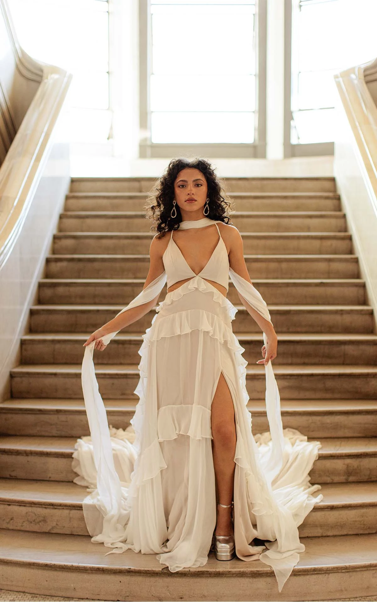 boho a-line wedding dress with side cutouts and high slit - thayer by all who wander