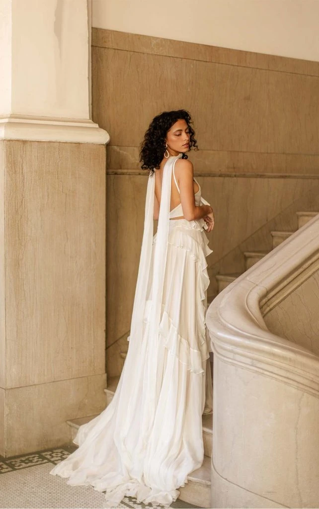 boho wedding dress with detachable scarf and cutouts - thayer by all who wander