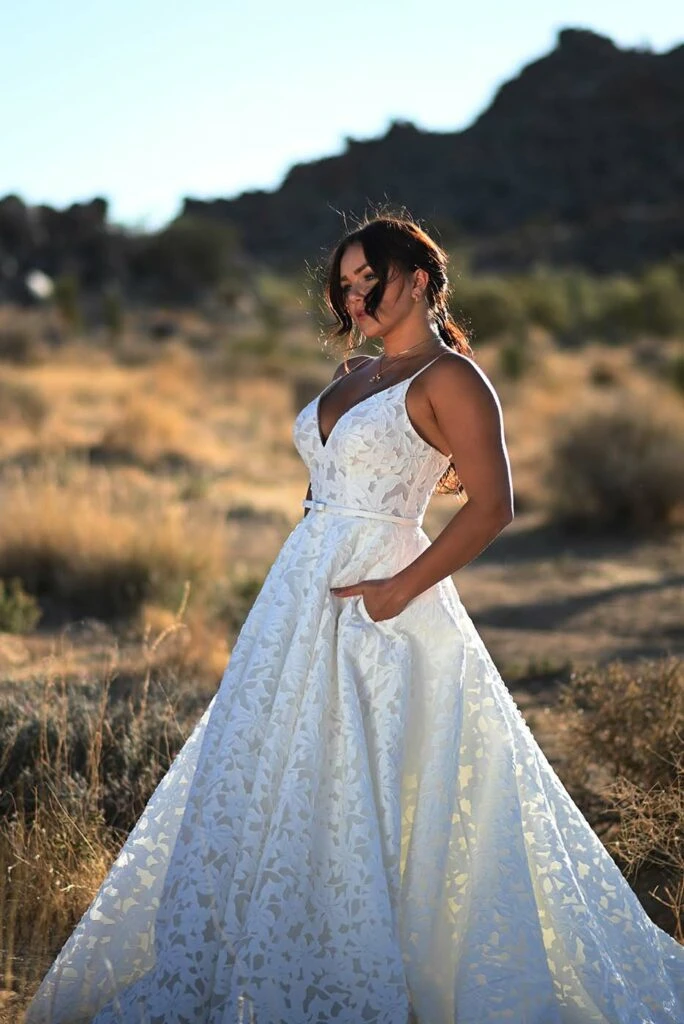 lace ballgown wedding dress with v-neckline and pockets - 1467 by Martina Liana