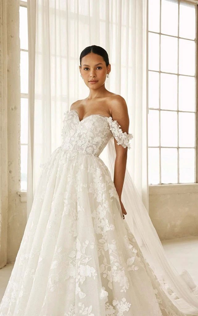 lace off the shoulder a-line wedding dress with long train - LE1117 by Martina Liana Luxe
