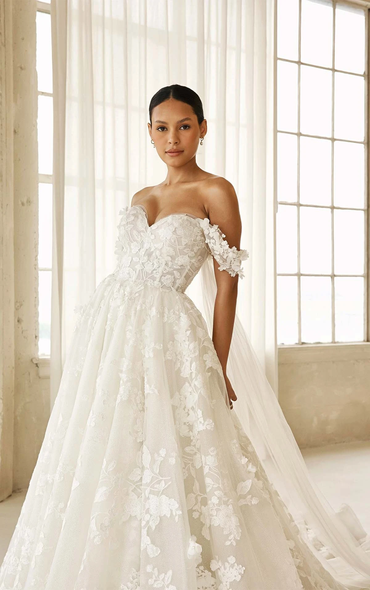 lace off the shoulder a-line wedding dress with long train - LE1117 by Martina Liana Luxe