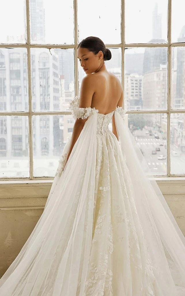 lace and tulle a-line wedding dress with off the shoulder straps and streamers - LE1117 by Martina Liana Luxe