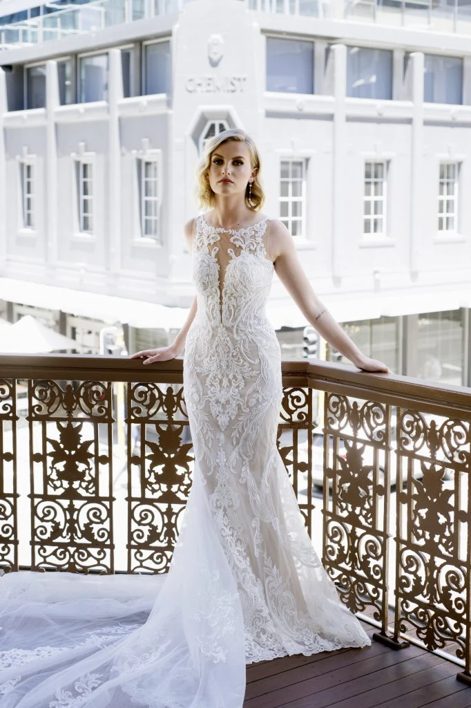 lace highneck wedding dress with low back - D3153 by Essense of Australia