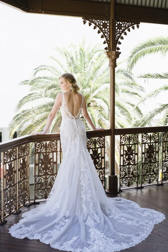 low back lace mermaid wedding dress with illusion high neck - D3153 by Essense of Australia