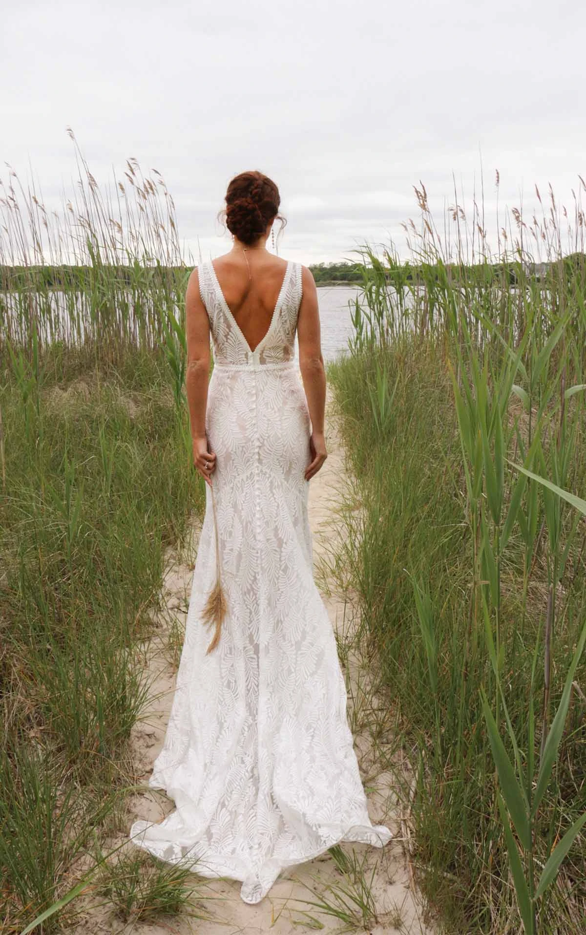 casual lace column wedding dress with v-back - kalani by all who wander