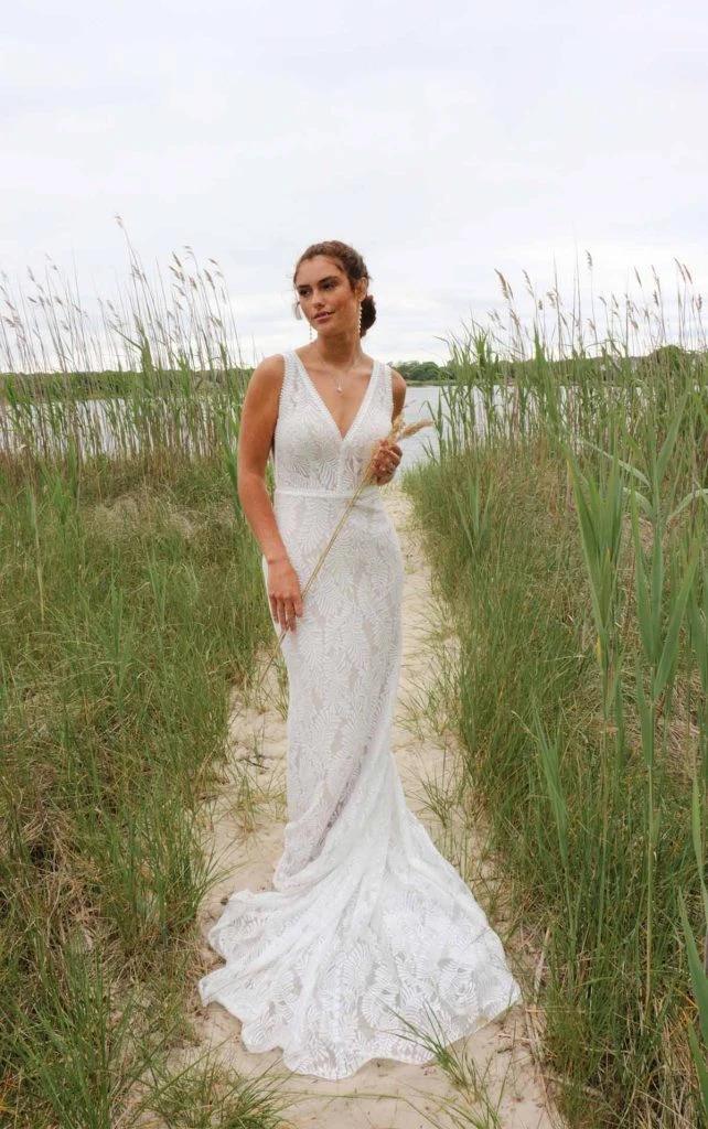 lace boho column wedding dress with v-neckline - kalani by all who wander