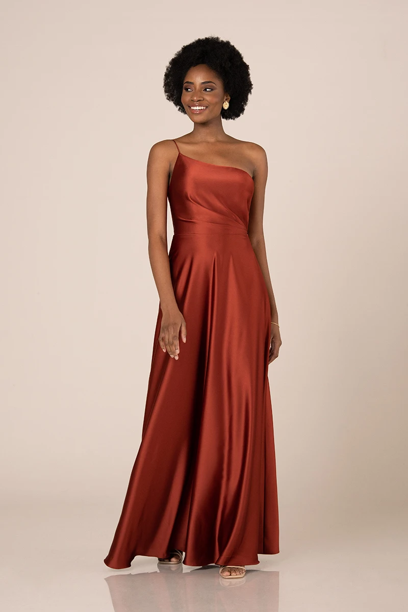 Sheath One Shoulder Rust Orange Bridesmaid Dresses Ruffles