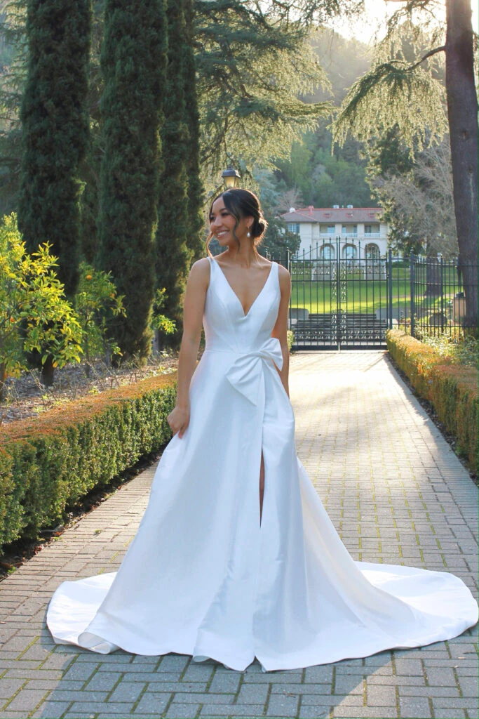 Simple Silk A-Line Wedding Dress with V-Neckline and Bow Detail