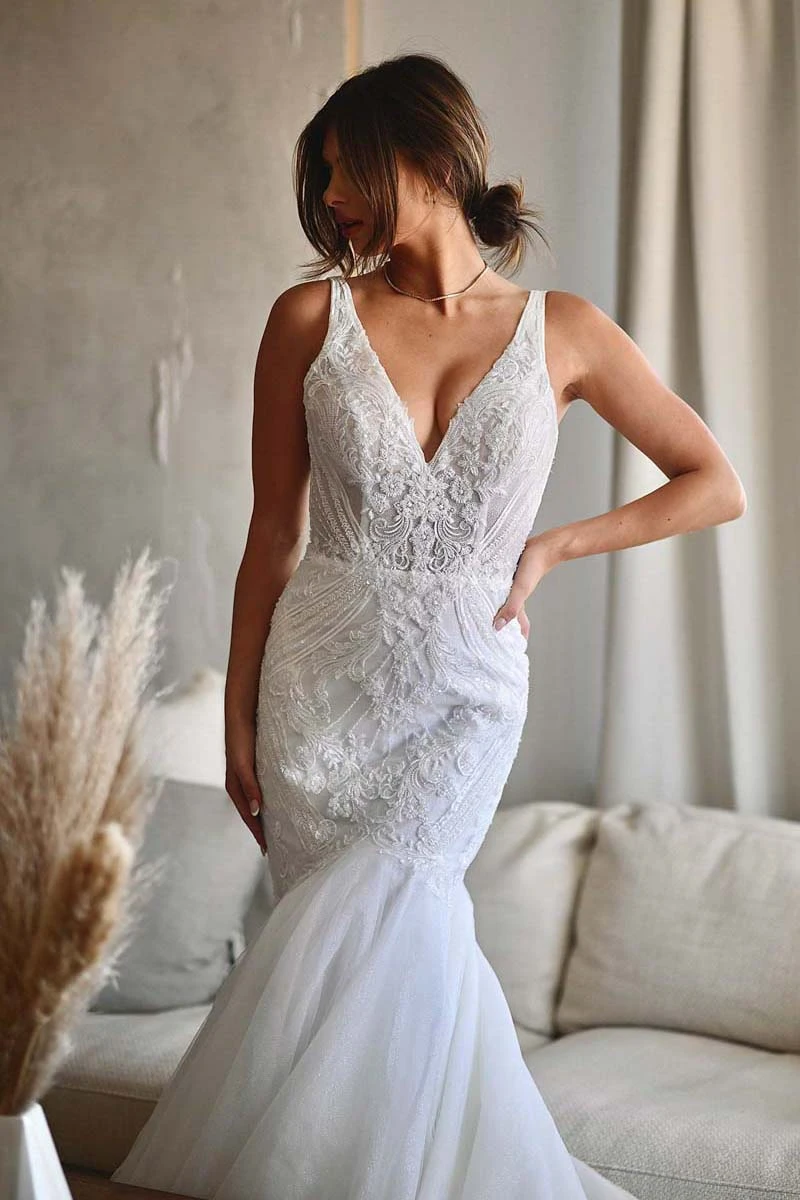 lace and tulle mermaid wedding dress with plunging neckline - 1532 by Martina Liana