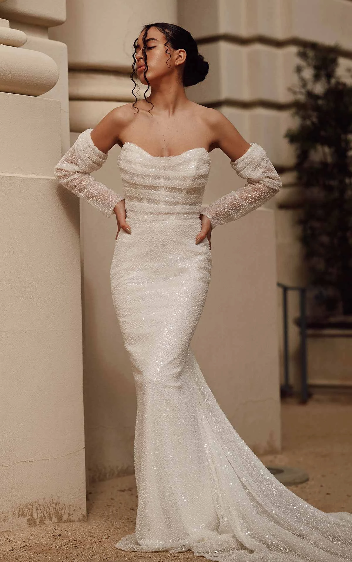 strapless column wedding dress with detachable sleeves - 1678 by Martina Liana