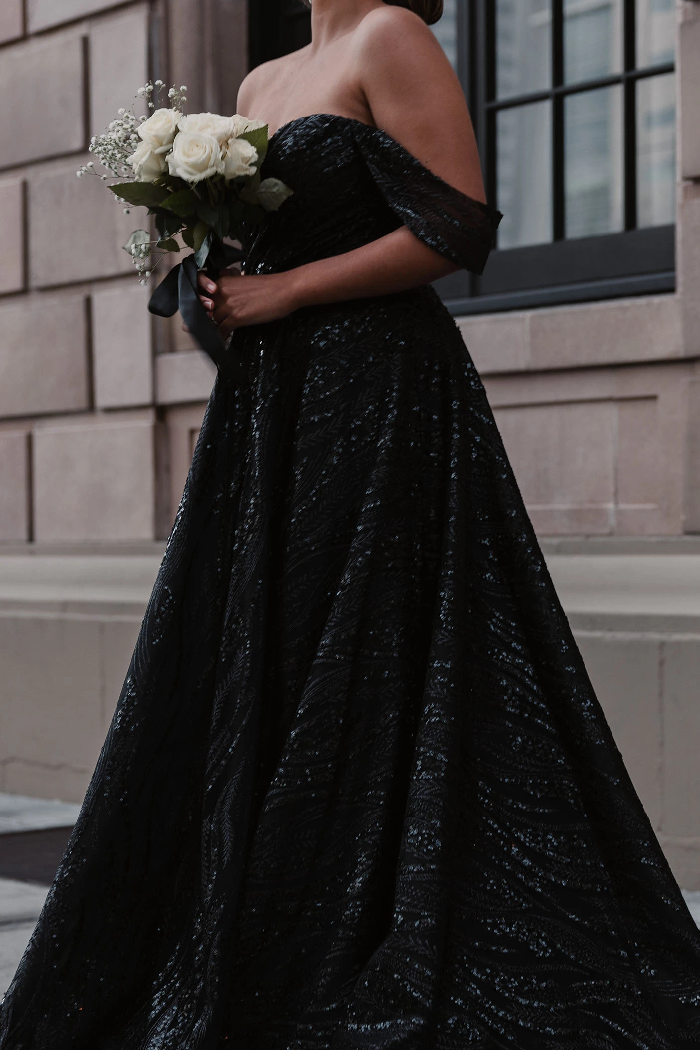 black a-line wedding dress with off the shoulder straps - D3648 by Essense of Australia