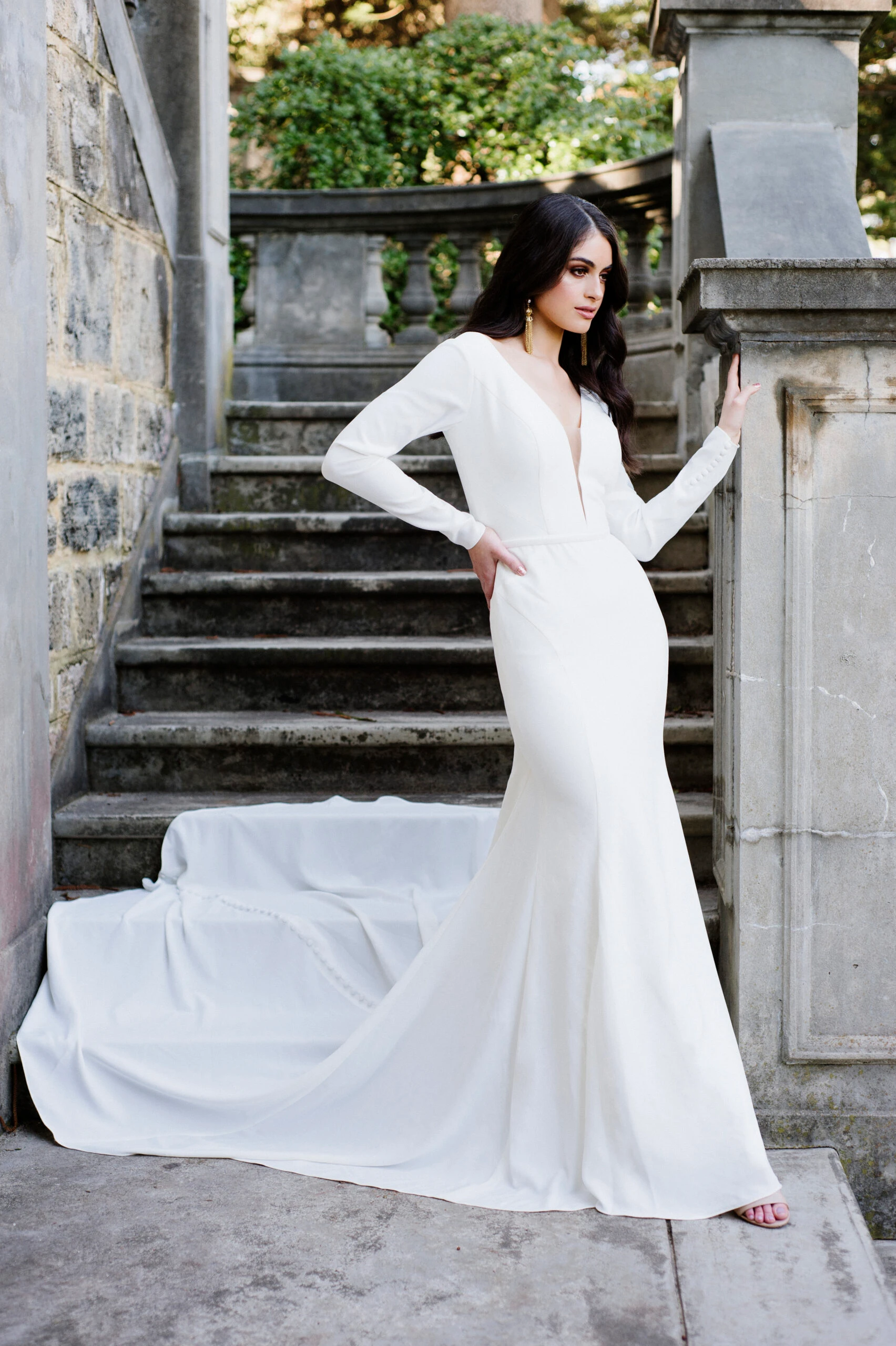 simple sheath wedding dress with plunging neckline - D2972 by Essense of Australia