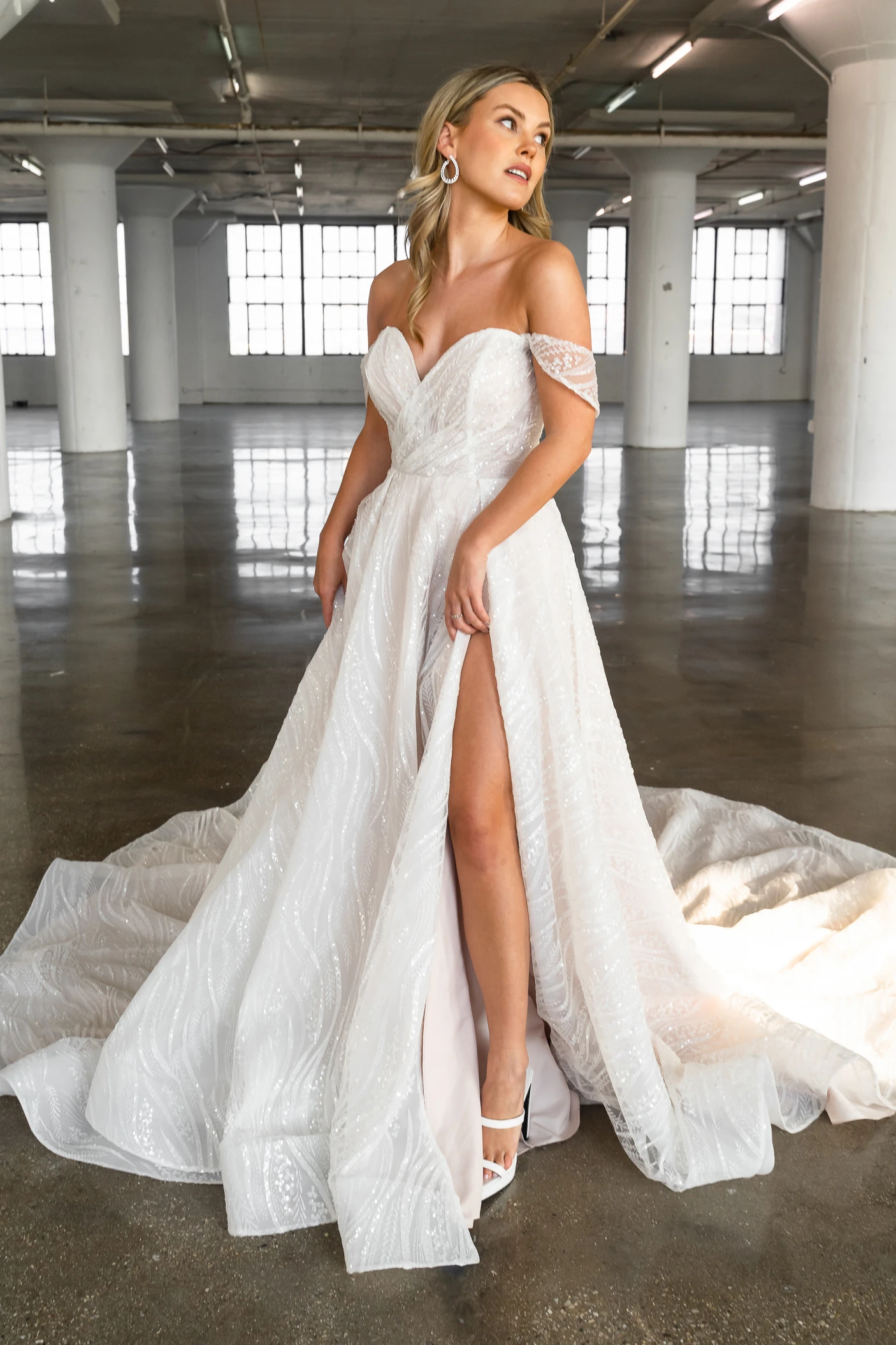 sparkling a-line wedding dress with slit and off the shoulder straps - D3648 by Essense of Australia