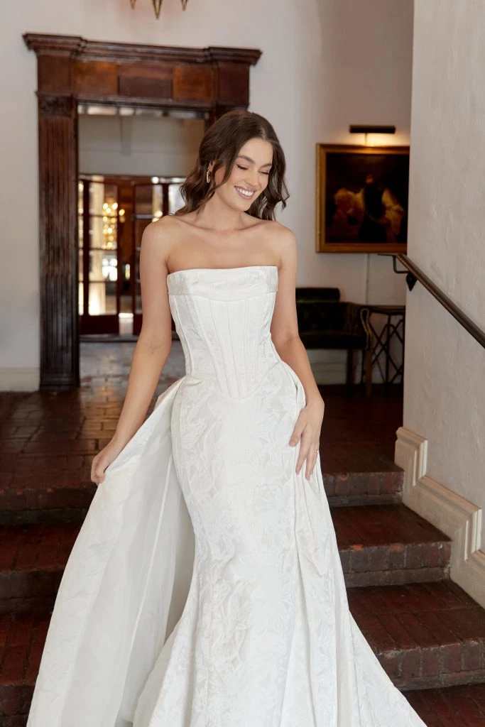 modern column wedding dress with detachable overskirt - D4149 by Essense of Australia