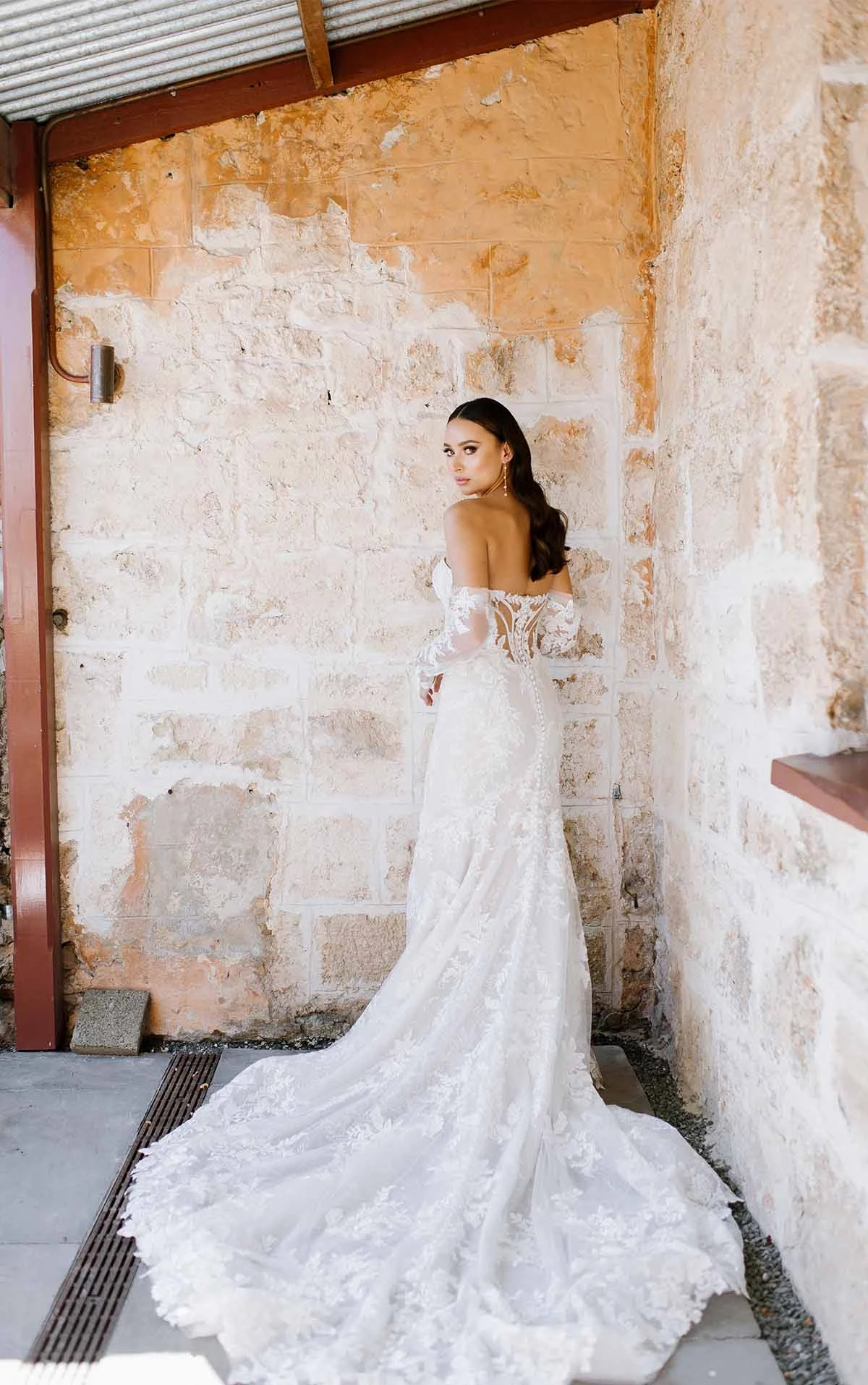 floral lace mermaid wedding dress with off the shoulder sleeves - 1367 by Martina Liana