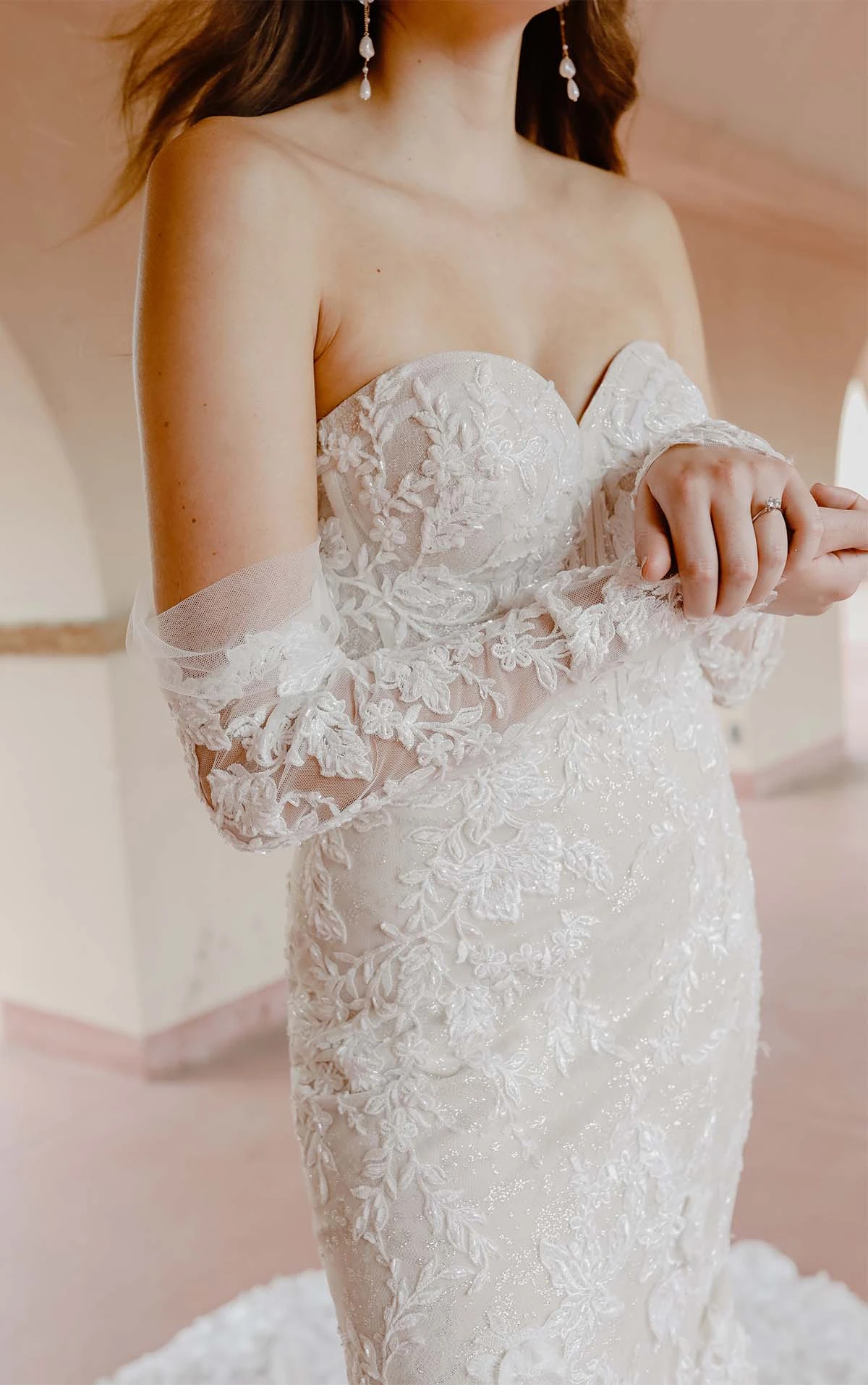 strapless wedding dress with detachable long sleeves and sheer back - 1367 by Martina Liana