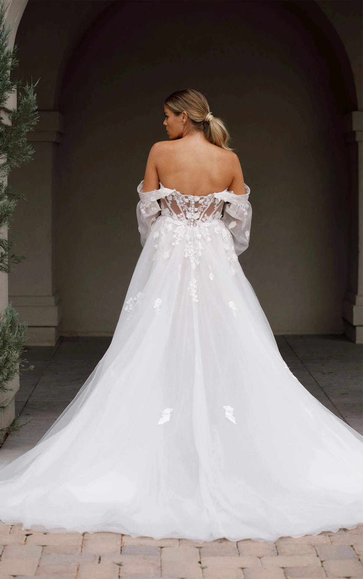 off the shoulder boho a-line wedding dress with long train - 1593 by Martina Liana
