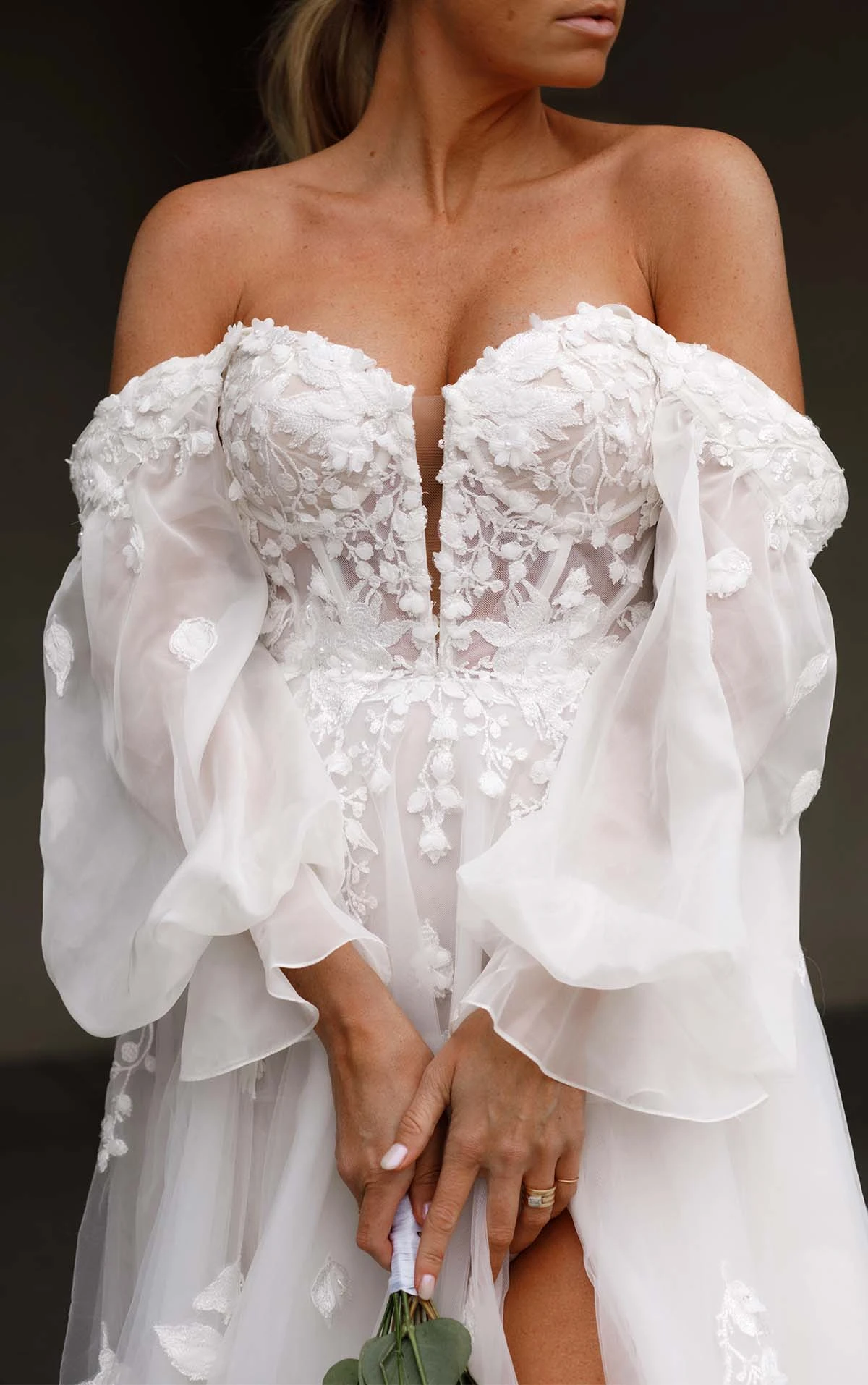 lace a-line wedding dress with plunging neckline and off the shoulder long sleeves - 1593 by Martina Liana