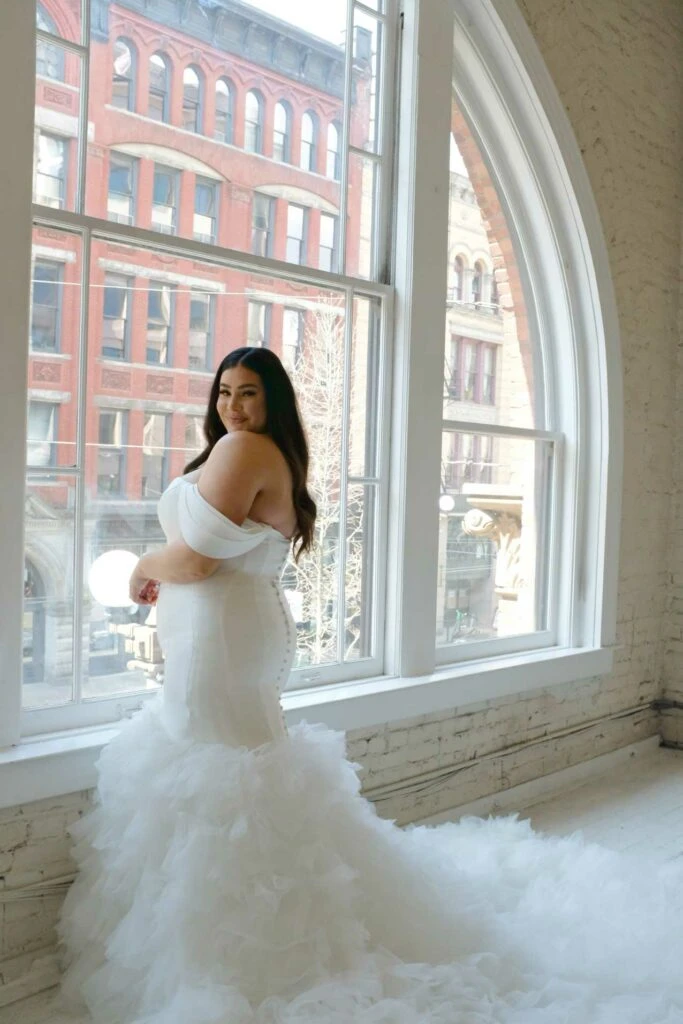 Silk off the shoulder plus size wedding dress