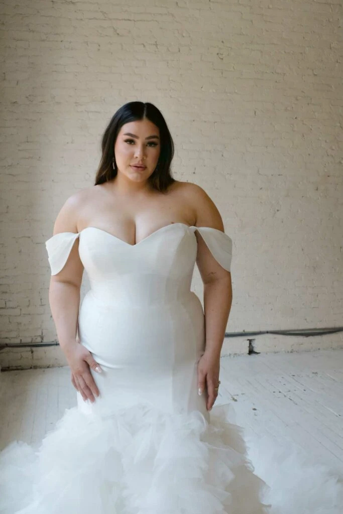 Silk off the shoulder plus size wedding dress