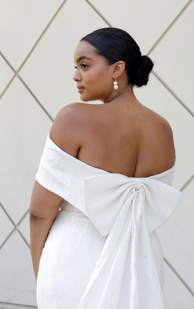 plus size mermaid wedding dress with bow back and off the shoulder sleeves - 1619+ by martina liana