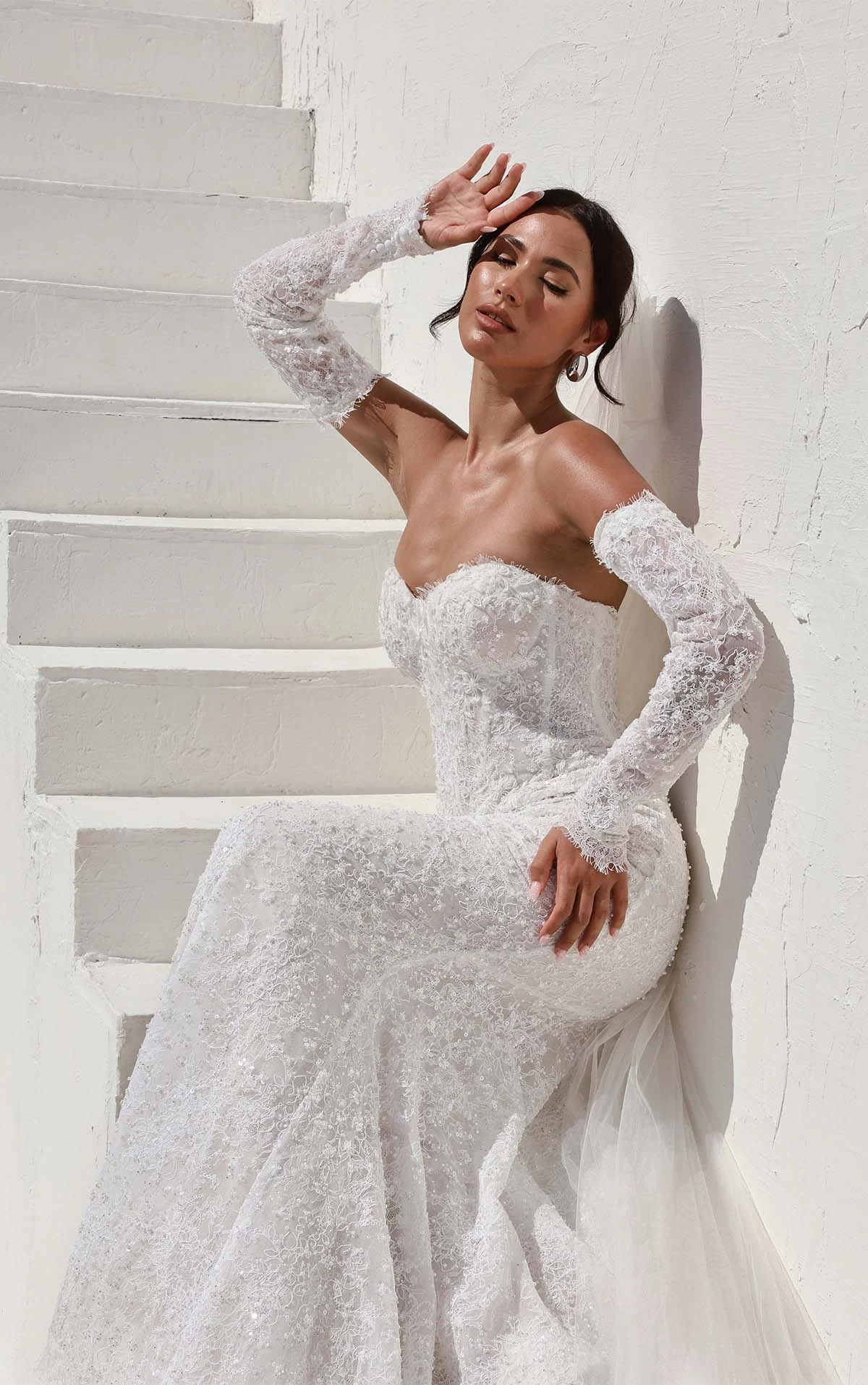 sparkling all over lace column wedding dress with detachable sleeves - 1860 by Martina Liana