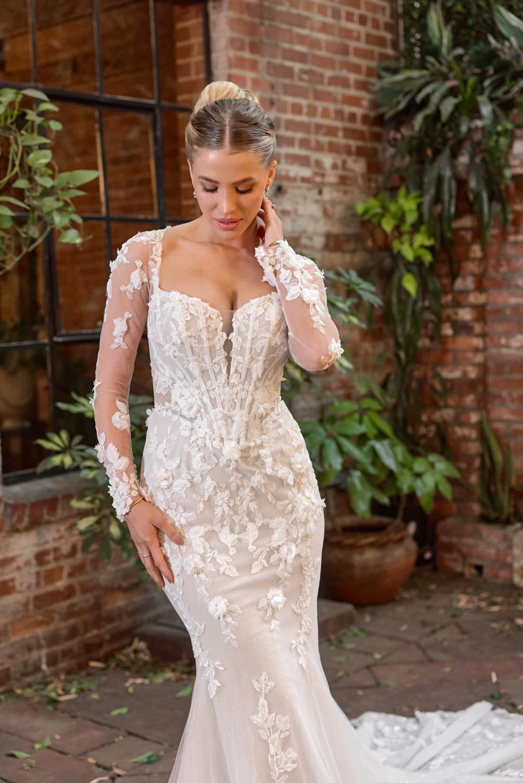 sexy sheer mermaid wedding dress with sheer back and sleeves - D4329 by Essense of Australia